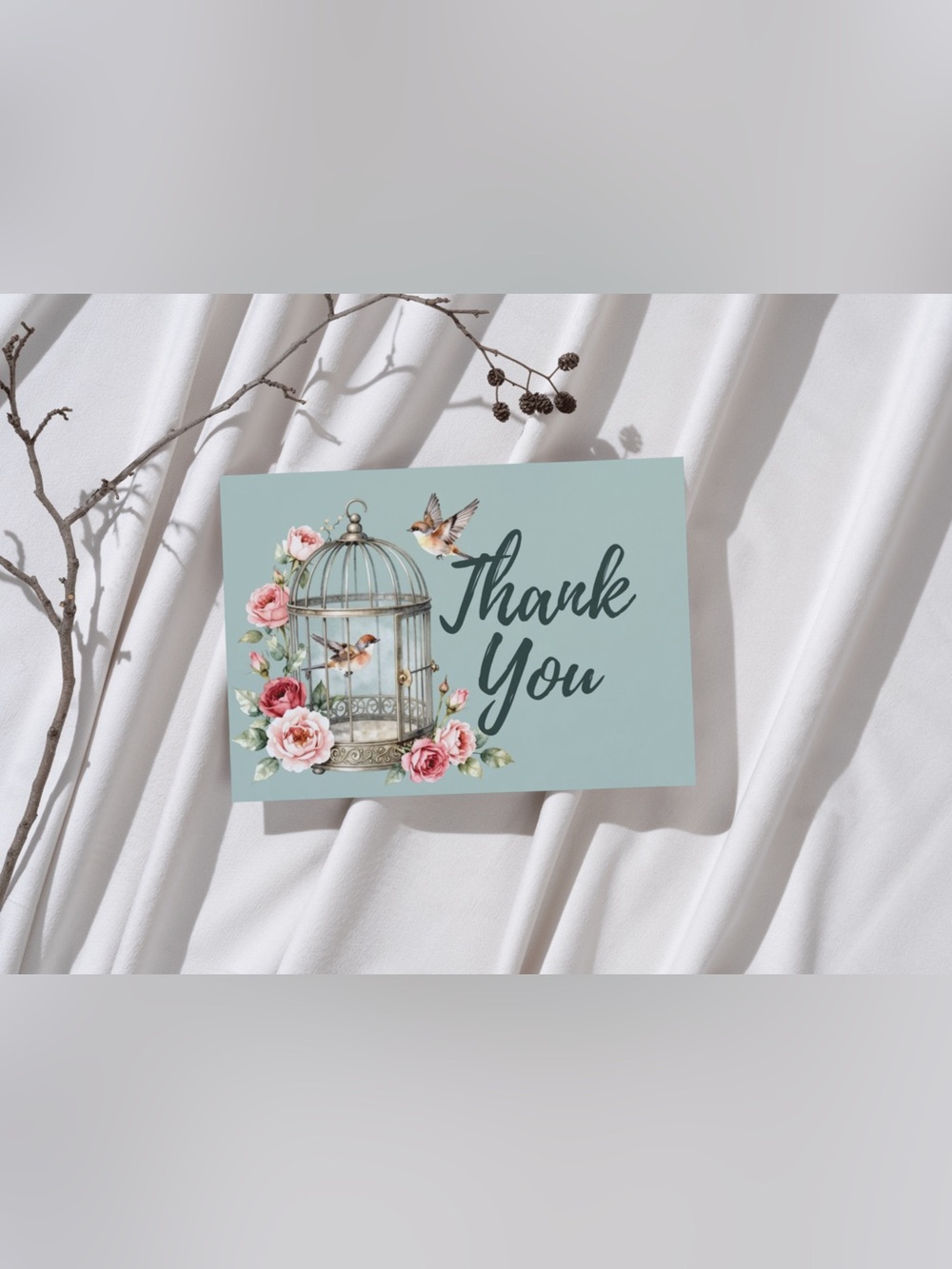 Floral Bird Cage Thank You Cards Set of 15 4x6 Turquoise Roses with Envelopes